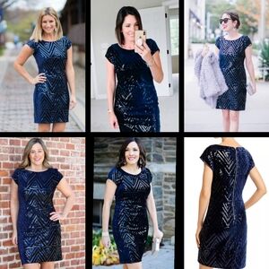 New 6 women ELIZA J blue sequin cocktail party dress short sleeve